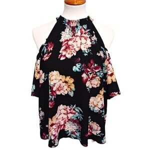 Lily Black Cold Shoulder Womens XL Black Floral Keyhole Back Flowy Top Blouse